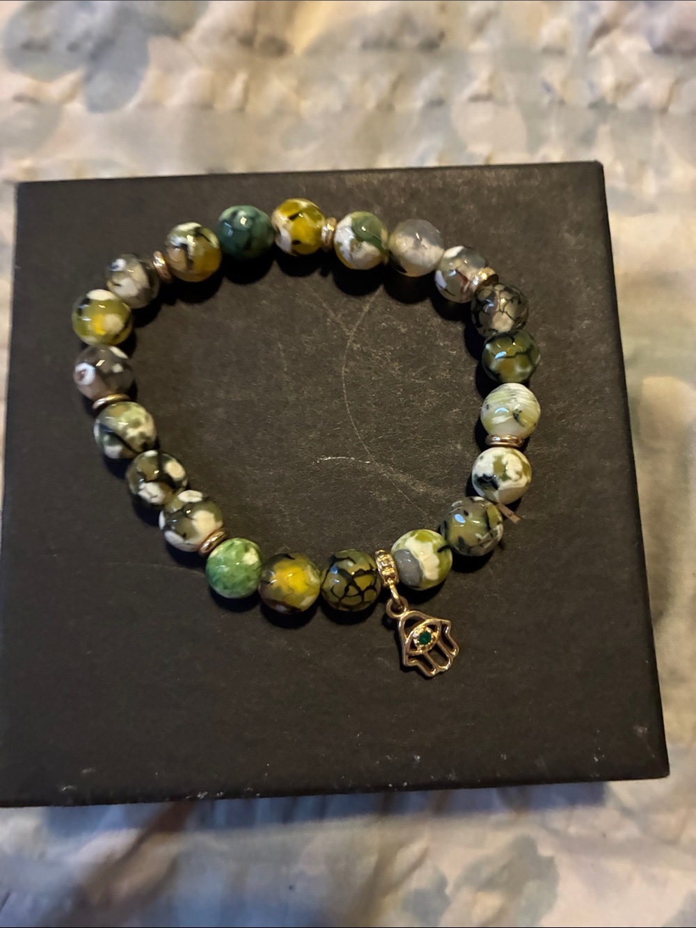 Green & Yellow Agate Beaded Bracelet with Gold Hamsa Charm